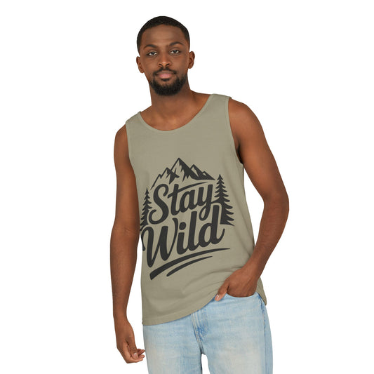 Stay Wild Garment-Dyed Mens Tank Top, Boho Summer Top, Adventure Shirt, Nature Lover Apparel, Gift for Hikers, Outdoor Clothing