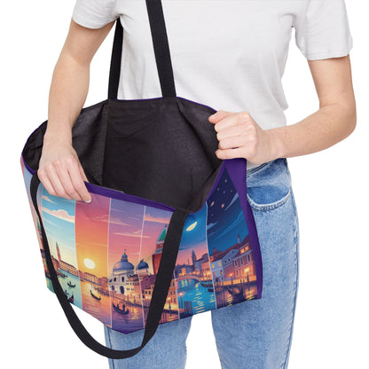 Venice from Dawn to Dusk Weekender Tote Bag, Cityscape Travel Bag with Gondolas, Sunset & Moonlight Art Print, Beach Bag, Travelers Bag