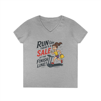 Ladies' V-Neck T-Shirt, Motivational Fitness Tee, Funny Gym Top, Funny Shopping Tee, Treadmill Runner Shirt for Her, For Sale Tee