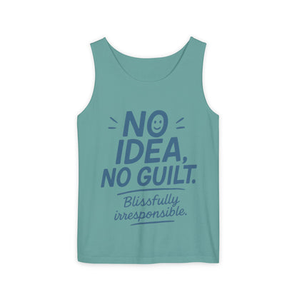Mens Funny Tank Top, No Idea No Guilt Quote, Blissfully Irresponsible Gym Shirt, Casual Sleeveless Top, , Fun Party Shirt