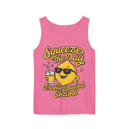 Squeeze The Day Womens Tank Top - Funny Lemon Pun Shirt - Freshly Squeezed Chaos Summer Citrus Top, Casual Beachwear, Fun Summer Apparel