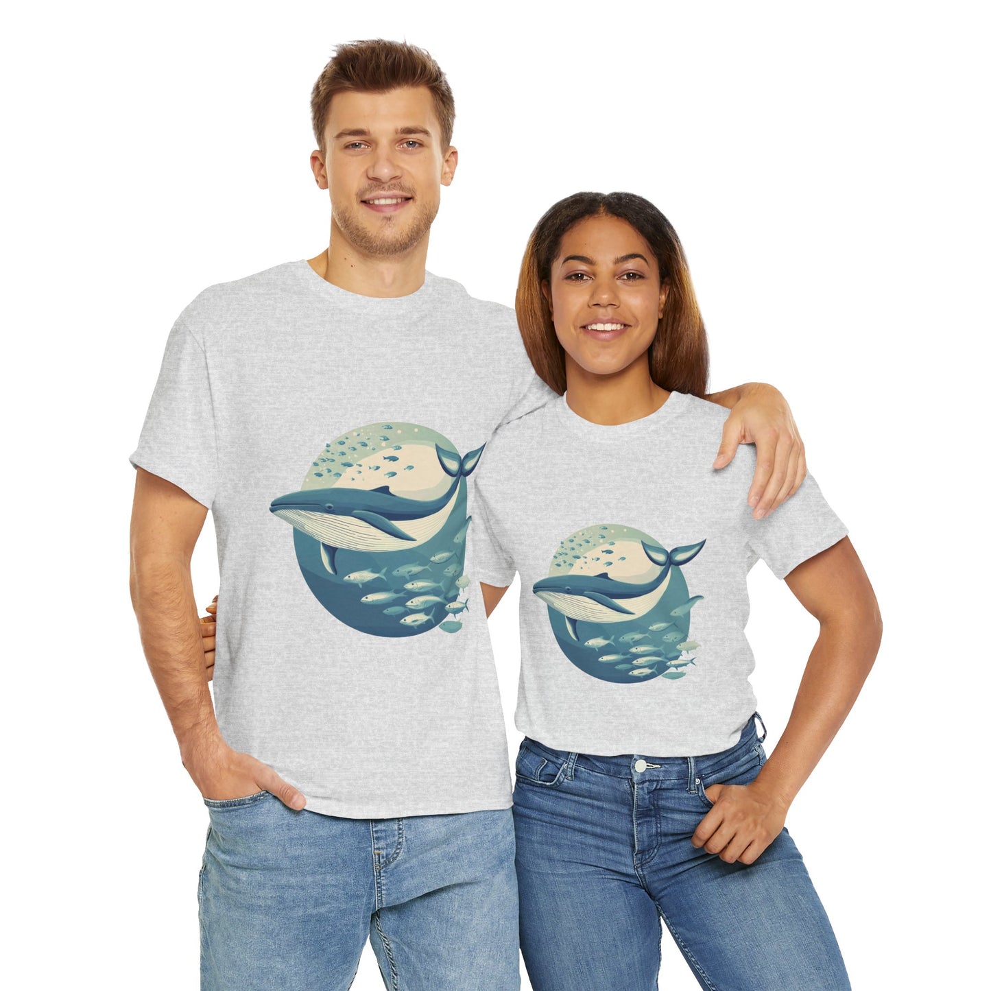 Whale and Fish Unisex Heavy Cotton Tee, Ocean Lover Shirt, Nature Tee, Sea Creature Gift, Casual Summer Top, Ocean Whale Graphic Tee