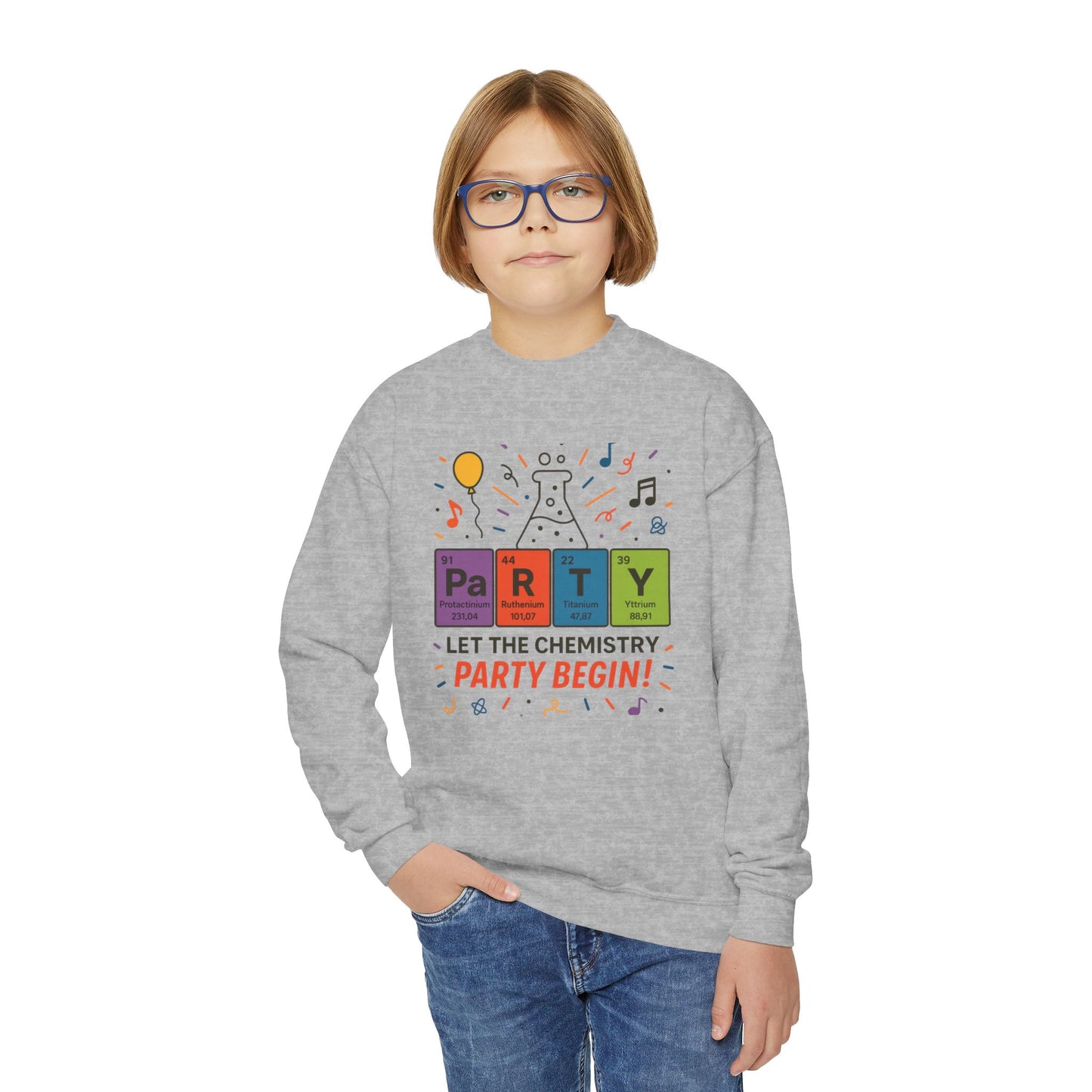 Fun Chemistry Party Youth Crewneck Sweatshirt, Gift for Science Lovers, Birthday Sweatshirt, Kids Party Apparel, Science-Themed Gift