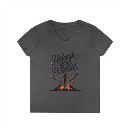Empowering Ladies' V-Neck T-Shirt | Unleash Your Potential | Gift for Motivation, Birthday, Inspirational Wear, Positive Energy Top