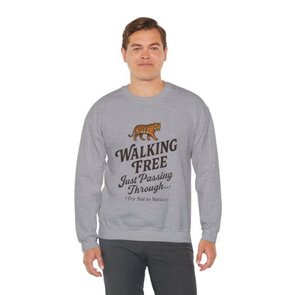 Funny Tiger Mens Crewneck Sweatshirt - Walking Free Cozy Wild Animal Pullover - Motivational Sweatshirt, Inspirational Apparel