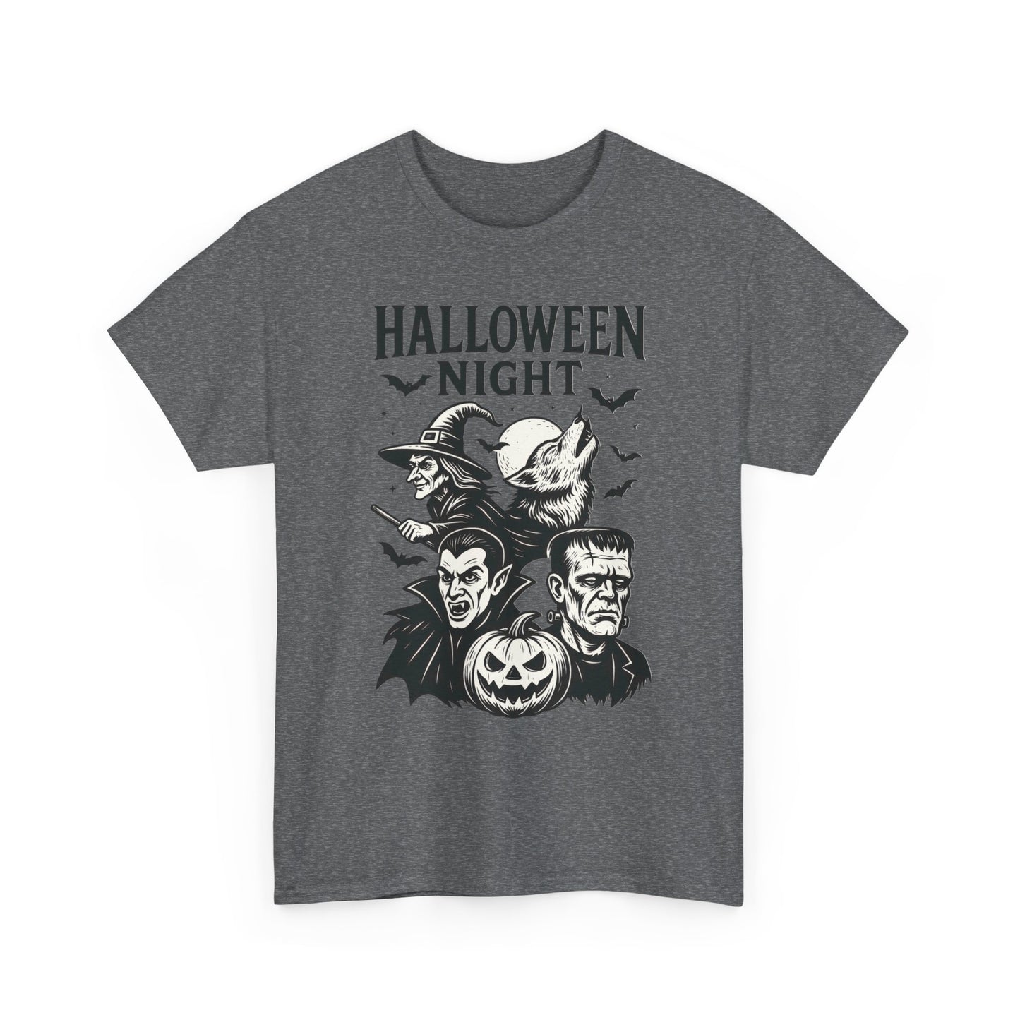 Halloween Night Men's T-Shirt, Classic Monsters Graphic Tee, Witch, Vampire, Frankenstein, Werewolf
