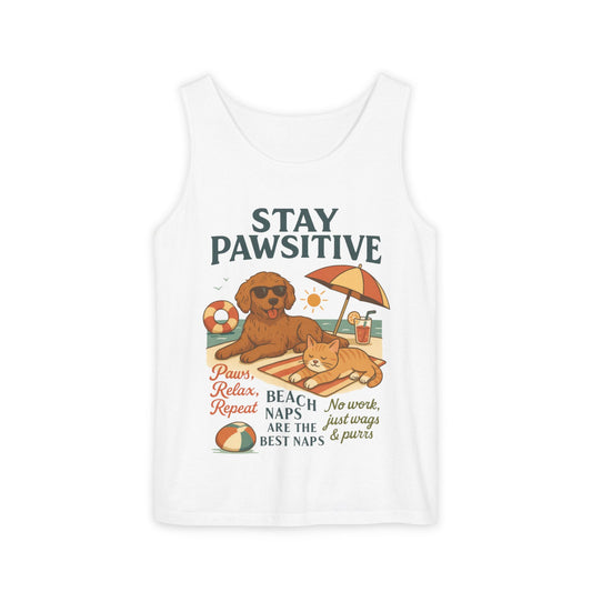 Stay Pawsitive Womens Tank, Cute Dog & Cat Beach Tee, Summer Pet Lover Tee, Animal Graphic Heavy Cotton Tee, Fun Pet Lovers Gift, Summer Top