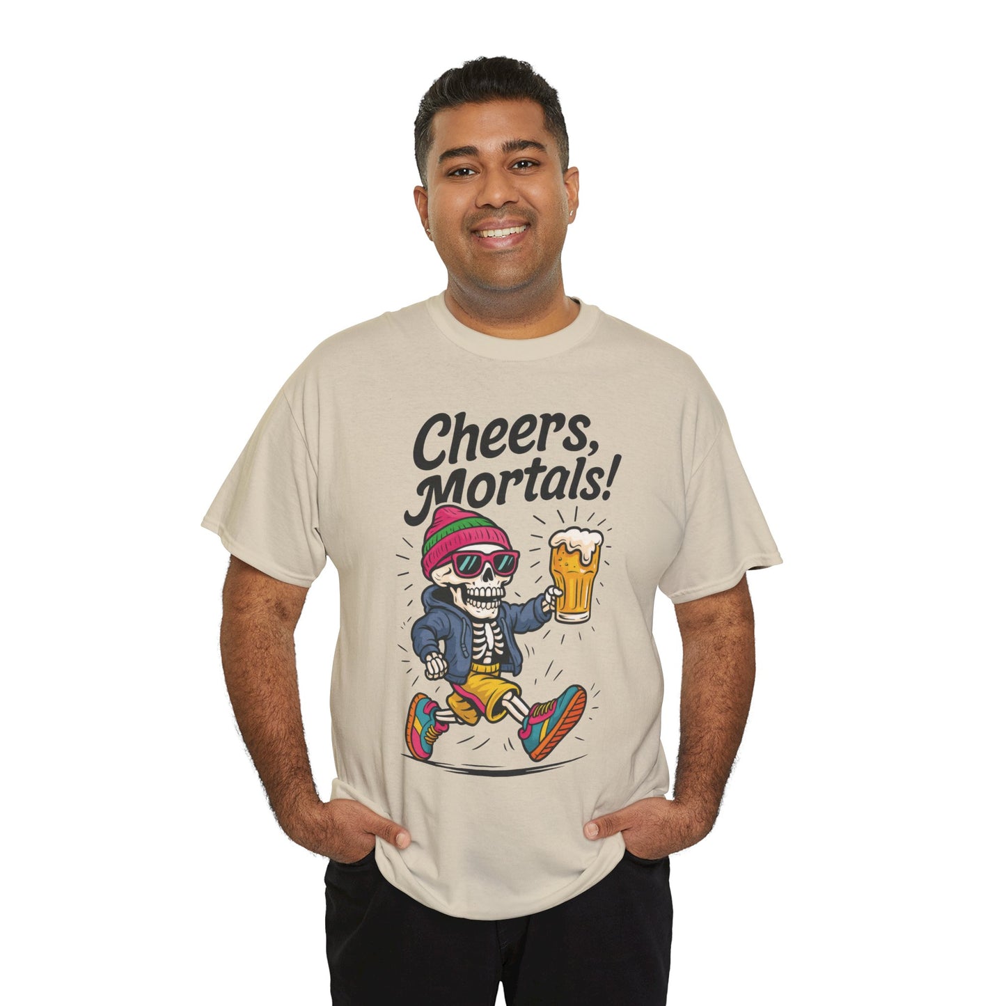 Cheers, Mortals! Mens Tee, Funny Skeleton Beer Graphic Tee, Cool Drinking Humor Shirt, Party Gift for Him, Halloween Tee,  Beer Lovers Gift