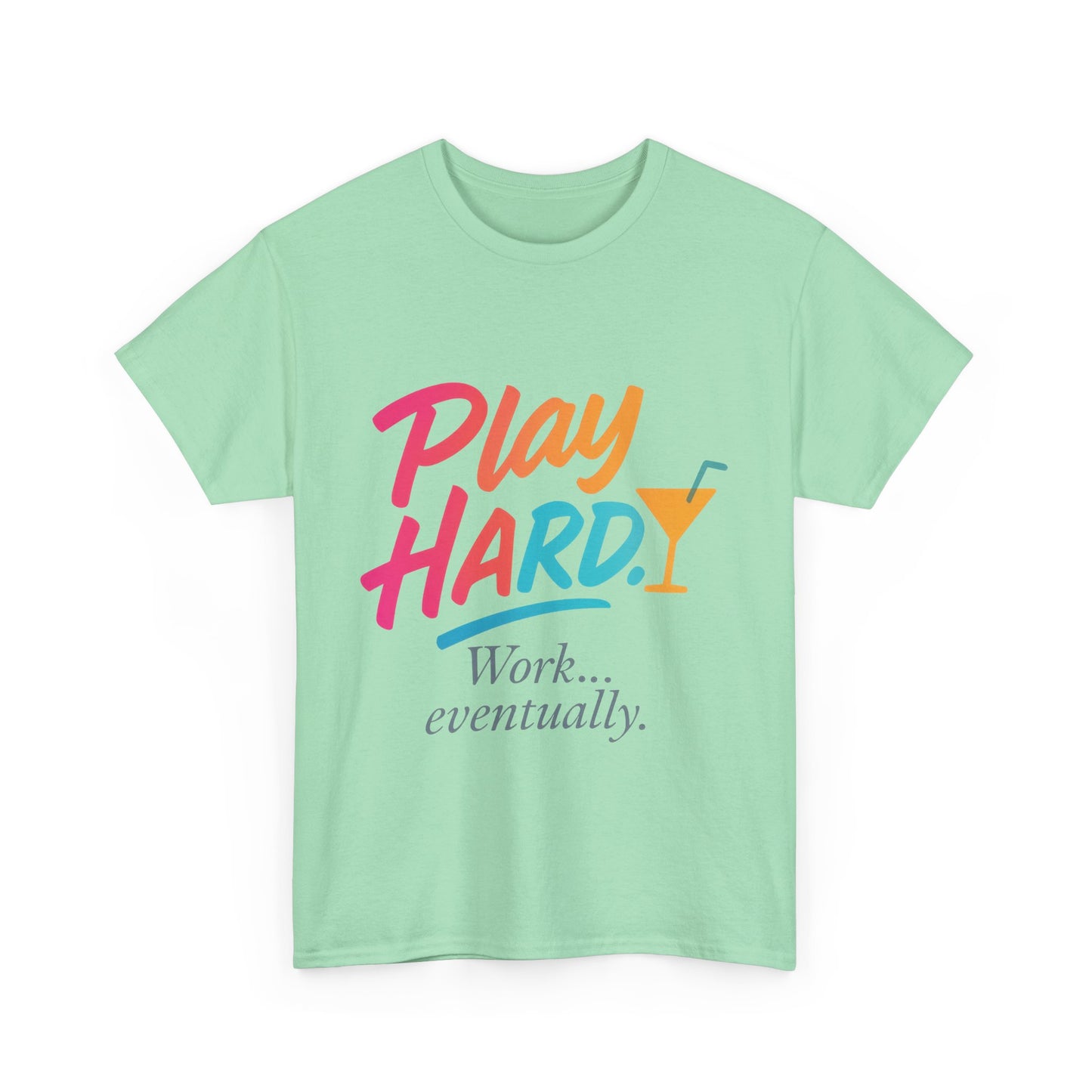 Play Hard Work Eventually T-Shirt, Funny Cocktail Graphic Tee, Pink Womens Party Shirt, Relaxed Vacation Top