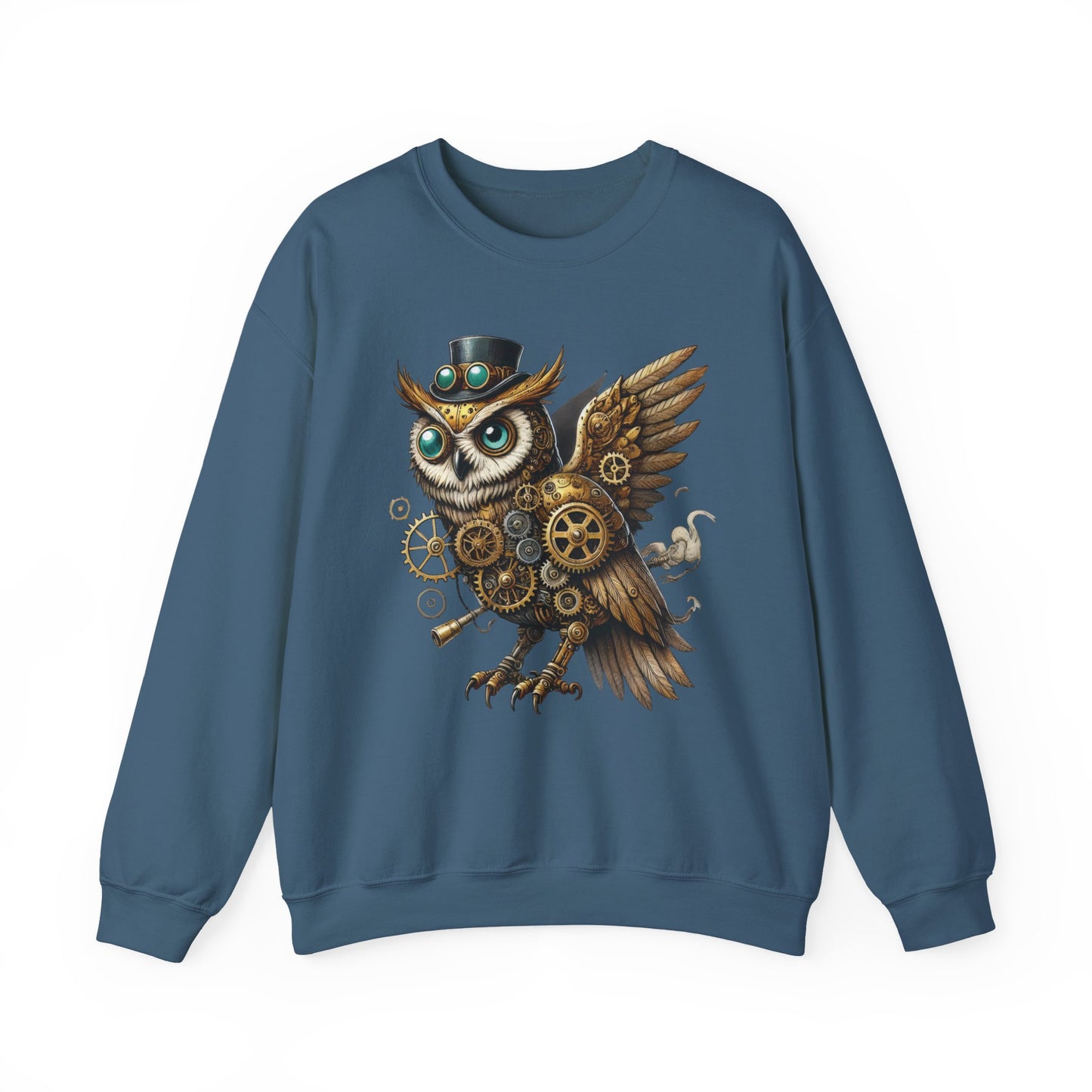 Steampunk Owl Unisex Crewneck Sweatshirt, Vintage Mechanical Gears Fantasy Bird Graphic Pullover, Gift for Owl Lovers