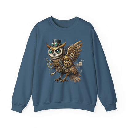 Steampunk Owl Unisex Crewneck Sweatshirt, Vintage Mechanical Gears Fantasy Bird Graphic Pullover, Gift for Owl Lovers