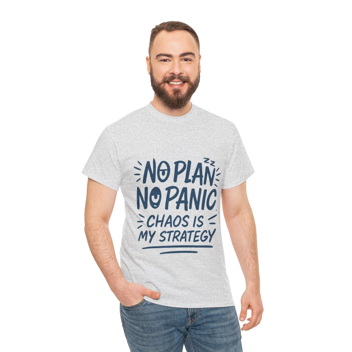 Funny Chaos Quote Mens T-Shirt, No Plan No Panic Humor Shirt, Casual Graphic Tee Gift for Him, Relaxed Fit