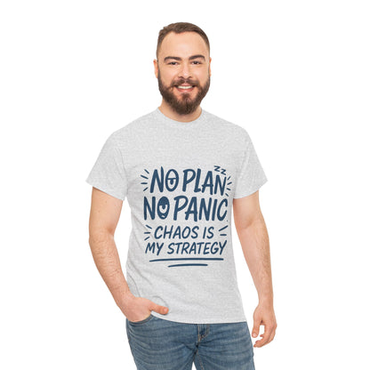 Funny Chaos Quote Mens T-Shirt, No Plan No Panic Humor Shirt, Casual Graphic Tee Gift for Him, Relaxed Fit