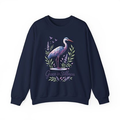 Polygonal Heron Graphic Sweatshirt, Women's Artistic Bird Crewneck, Nature-Inspired Minimalist Design, Geometric Crane, Bird Lovers Gift
