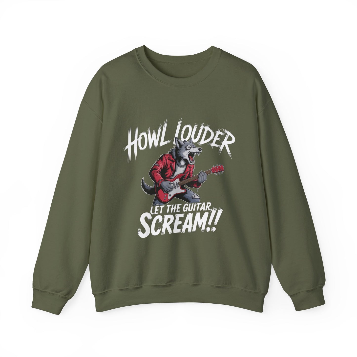 Howl Louder Wolf Sweatshirt, Let The Guitar Scream Pullover, Rock Guitar Animal Hoodie, Rocking Wolf Crewneck Sweatshirt, Music Lover Gift