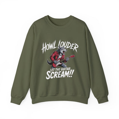 Howl Louder Wolf Sweatshirt, Let The Guitar Scream Pullover, Rock Guitar Animal Hoodie, Rocking Wolf Crewneck Sweatshirt, Music Lover Gift