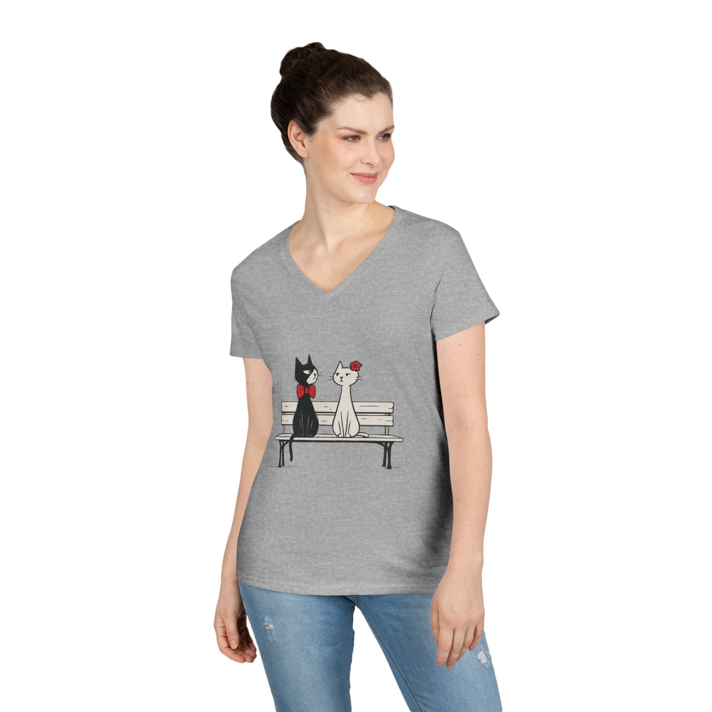 Cute Cat Lovers V-Neck T-Shirt, Casual Wear, Gift for Her, Pet Lovers, Best Friend Gift, Cute Cat Design, Valentine's Day, Cat Love