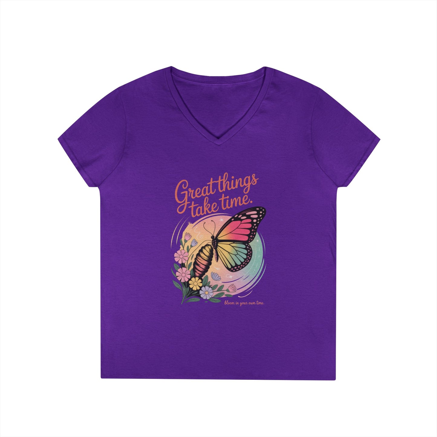 Inspiring Ladies' V-Neck T-Shirt, Great Things Take Time Butterfly Design, Relaxation, Motivation, Nature, Motivational Women's Tee