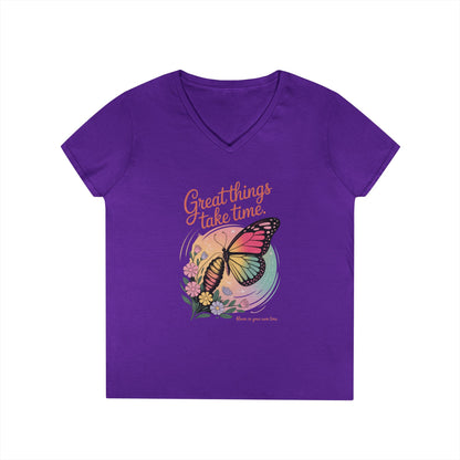 Inspiring Ladies' V-Neck T-Shirt, Great Things Take Time Butterfly Design, Relaxation, Motivation, Nature, Motivational Women's Tee