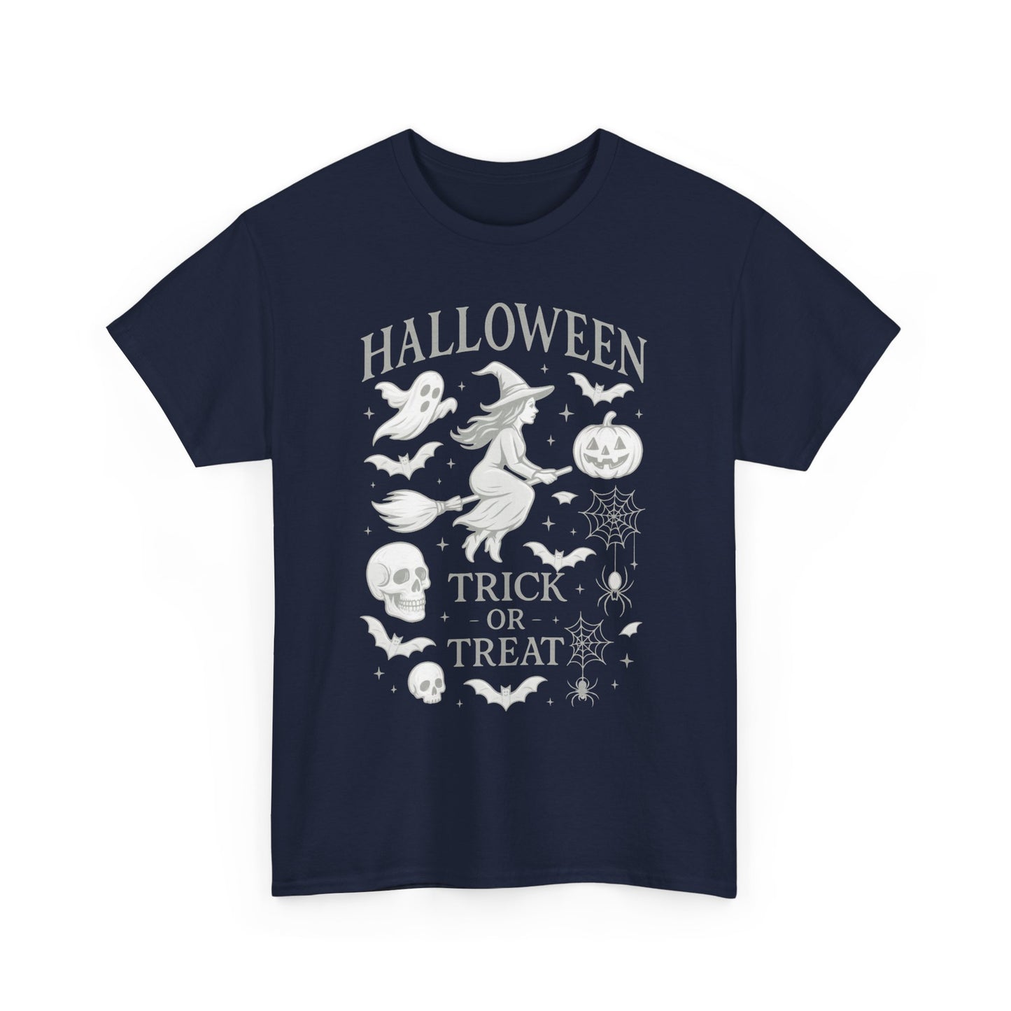 Halloween Witch Flying Broomstick T-Shirt, Trick or Treat Ghost Pumpkin Skull Spider Web Women's Tee