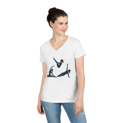 Ladies' V-Neck T-Shirt, Womens Pilates Graphic T-Shirt, Yoga Fitness Tee, Workout Top with Silhouette Print