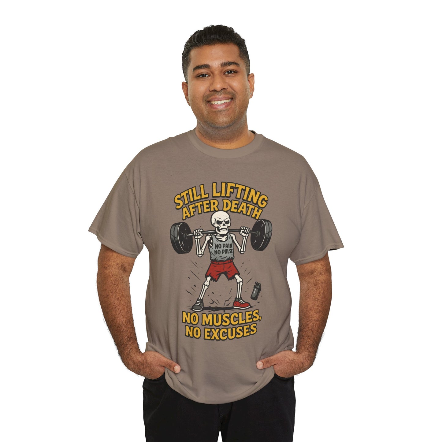 Funny Skeleton Gym T-Shirt, Still Lifting After Death, Funny Workout Shirt for Men, Fitness Gift, Halloween Apparel, Unisex Cotton Tee
