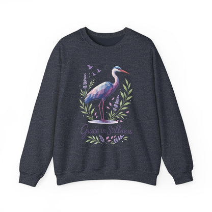 Polygonal Heron Graphic Sweatshirt, Women's Artistic Bird Crewneck, Nature-Inspired Minimalist Design, Geometric Crane, Bird Lovers Gift