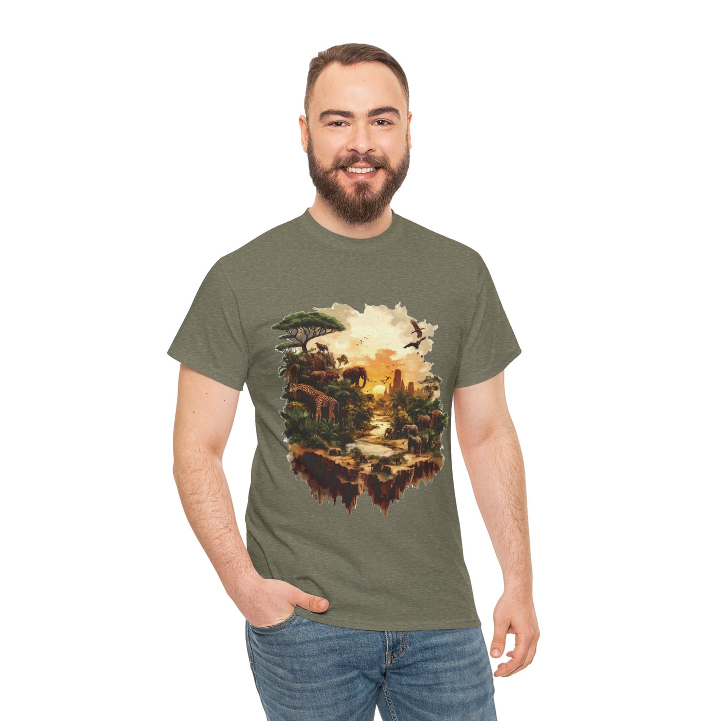 Safari Sunset Animal Print T-Shirt, Jungle Wildlife Graphic Tee , African Nature Unisex Heavy Cotton Shirt, Gift for Nature Lovers