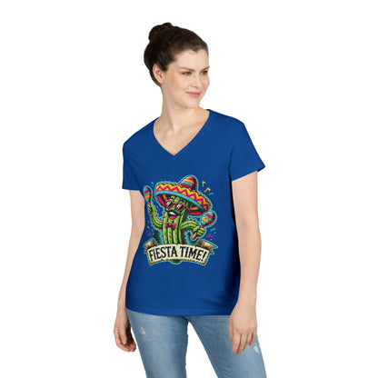 Fiesta Time Cactus Ladies' V-Neck T-Shirt, Funny Sombrero Mexican Party Tee, Cinco de Mayo Gift Idea, Fun Summer Tee, Party Wear