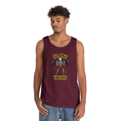 Funny Skeleton Gym Tank Top, Still Lifting After Death, Funny Workout Tee for Men, Fitness Gift, Halloween Apparel, Unisex Cotton Tank Top