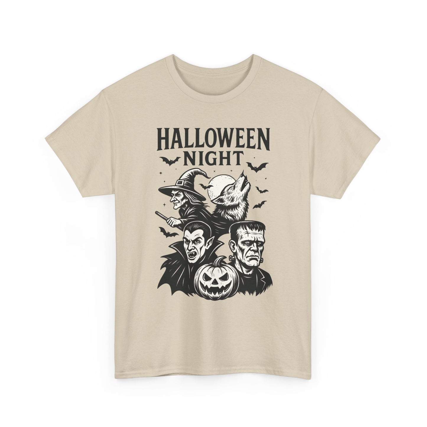 Halloween Night Men's T-Shirt, Classic Monsters Graphic Tee, Witch, Vampire, Frankenstein, Werewolf