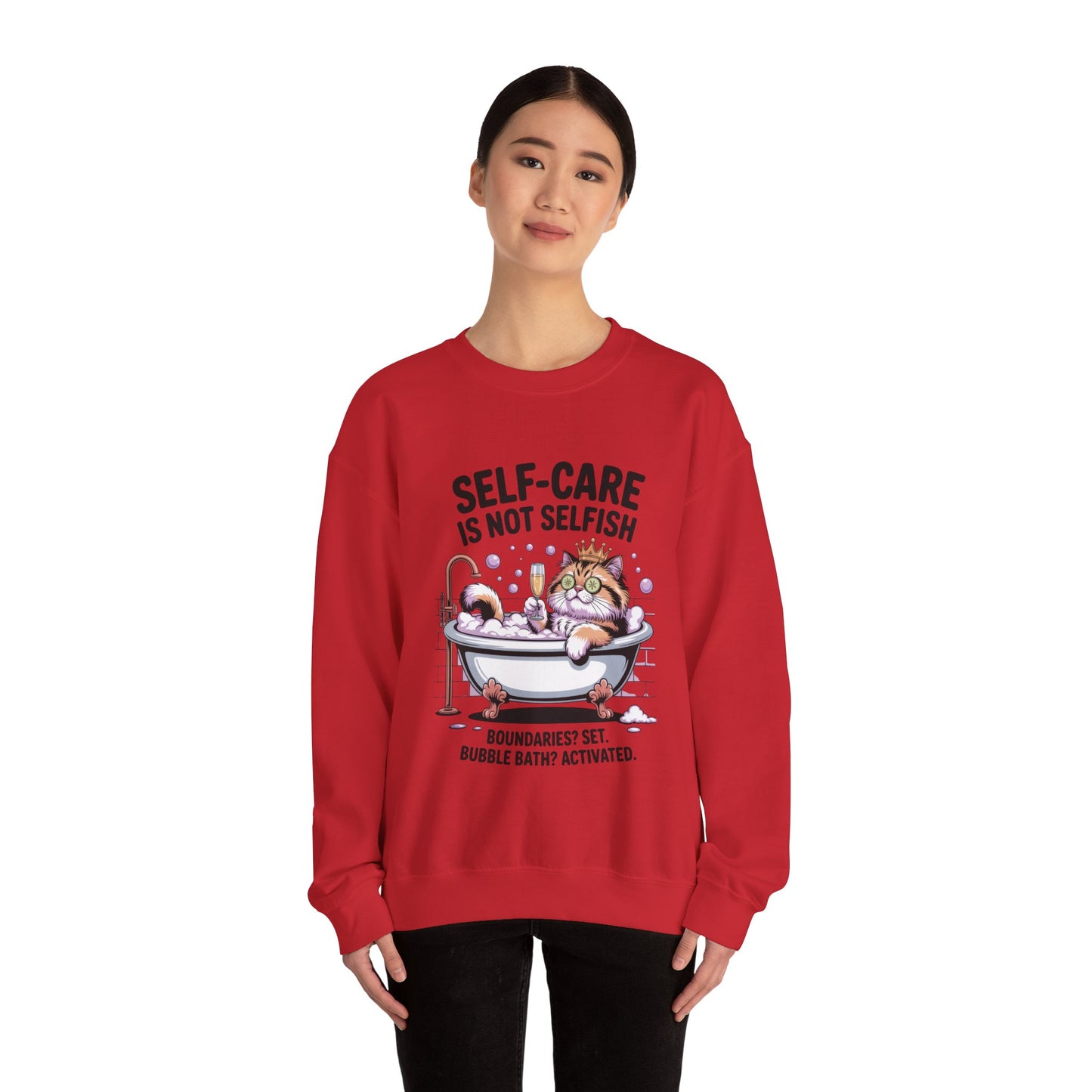 Womens Crewneck Sweatshirt, Self-Care Cat Shirt, Funny Cat Tee, Relaxing Kitty Graphic, Self Care Is Not Selfish Womens Sweatshirt