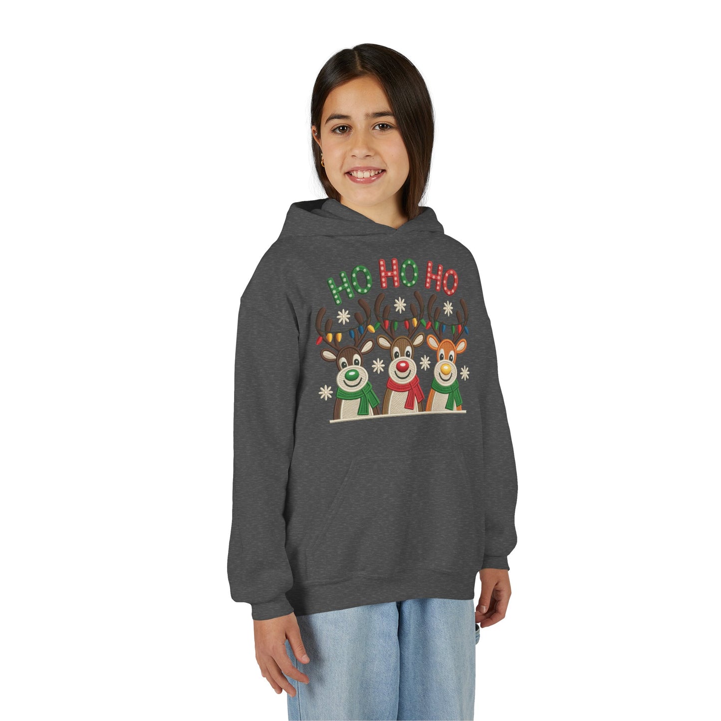 Ho Ho Ho Reindeer Hoodie for Girls, Cute Christmas Holiday Kids Pullover, Youth Hooded Sweatshirt