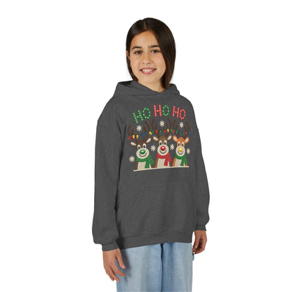 Ho Ho Ho Reindeer Hoodie for Girls, Cute Christmas Holiday Kids Pullover, Youth Hooded Sweatshirt
