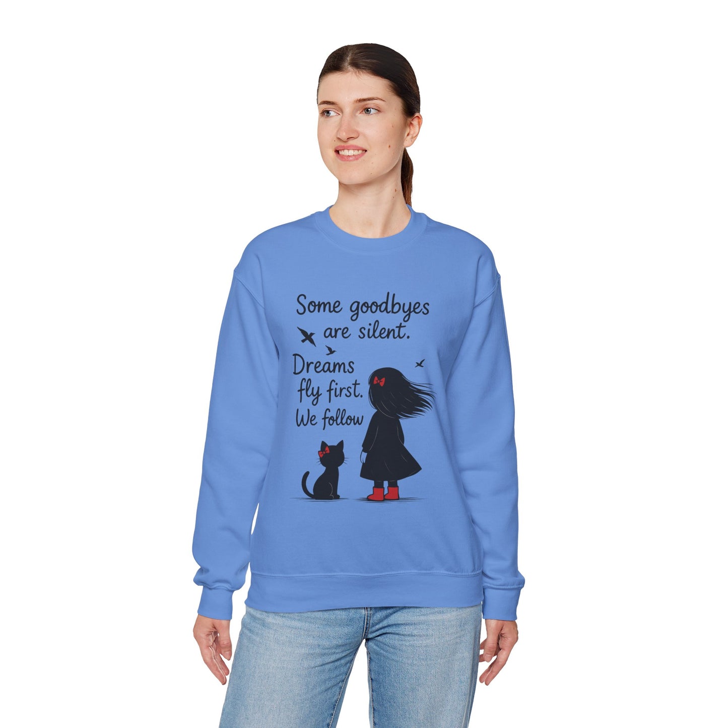 Cozy Farewell Girl & Cat Pullover, Hand Drawn Red Dress Art, Minimalist Womens Crewneck