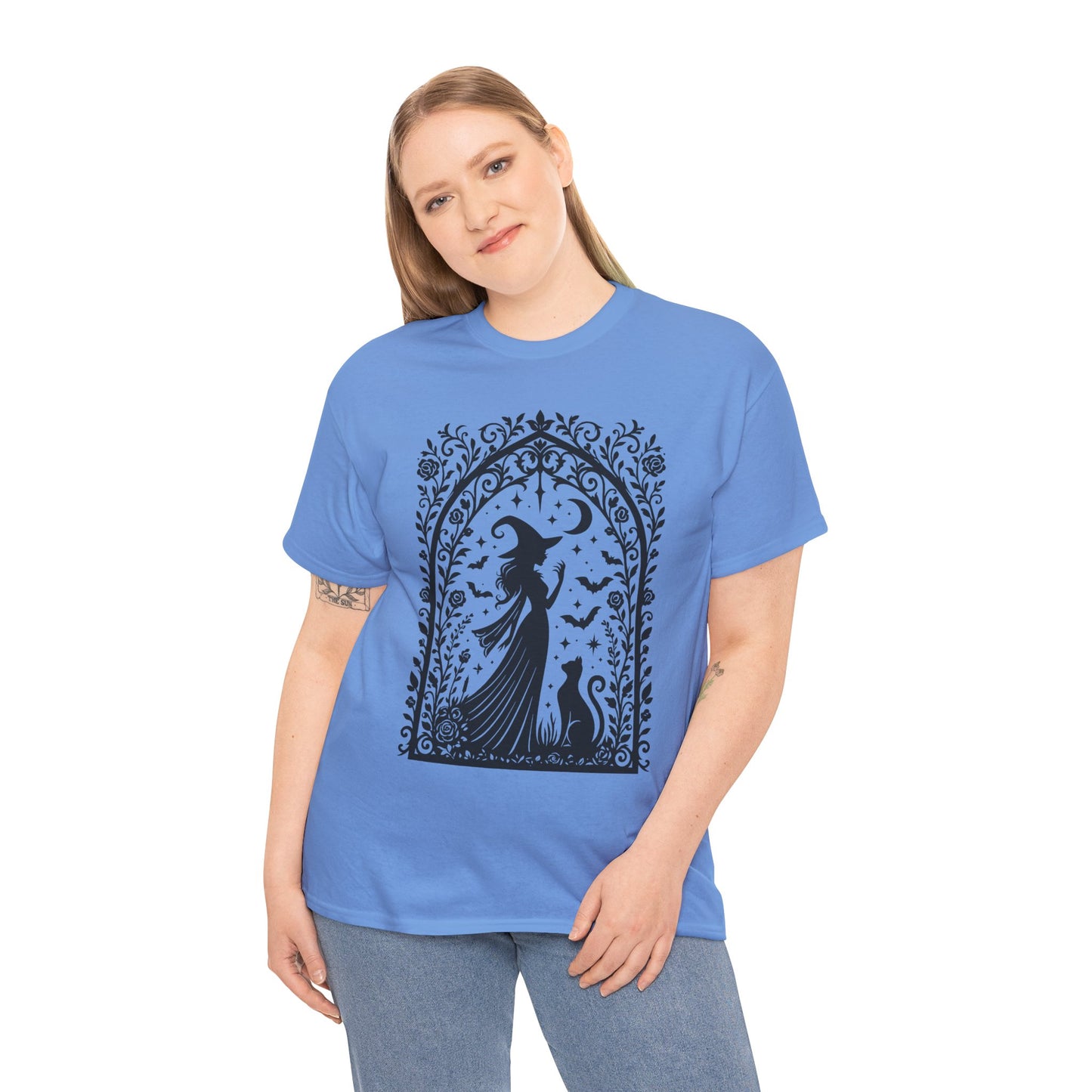 Gothic Witch & Cat Women's T-Shirt, Elegant Halloween Moon Silhouette Witchy Graphic Tee
