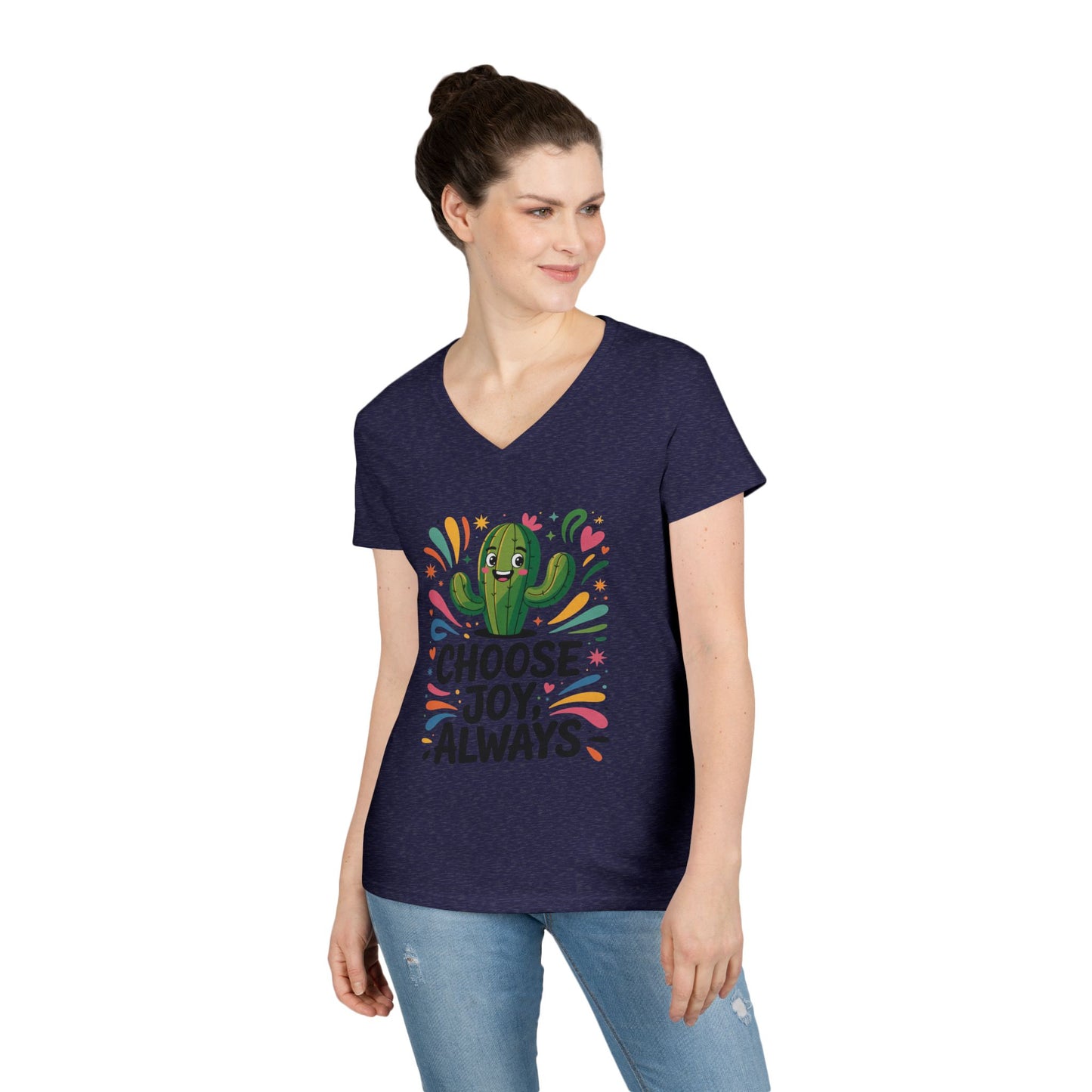 Choose Joy Cactus Ladies' V-Neck T-Shirt, Positive Vibe Shirt, Gift for Her, Summer Casual Tee, Inspirational Wear, Cute Graphic Top