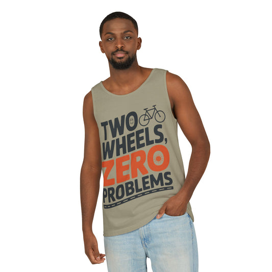 Mens Garment-Dyed Tank Top, Two Wheels Zero Problems Mens Cycling Graphic Tank, Gift for Cyclists