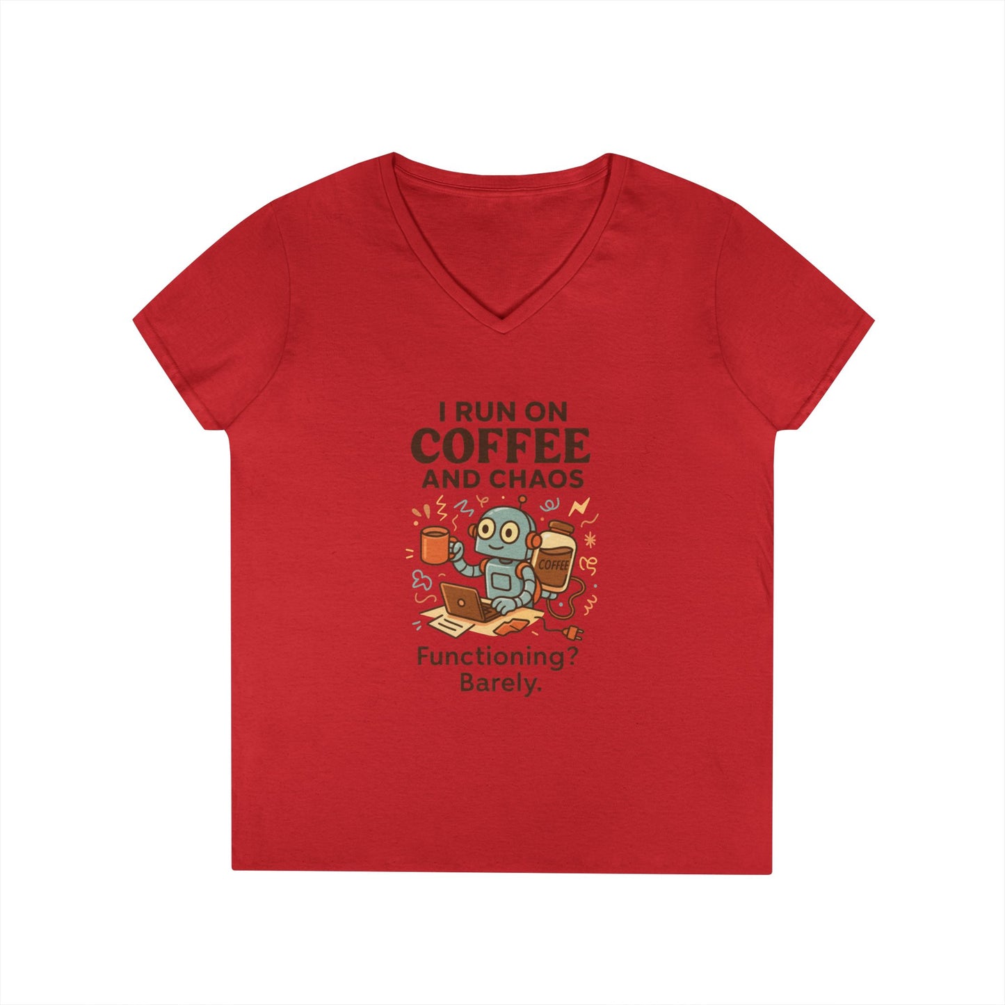 Funny Coffee and Chaos Ladies' V-Neck T-Shirt, Gift for Coffee Lovers, Quirky Tee, Casual Wear, Unique Humor Shirt, Work from Home Humor Tee