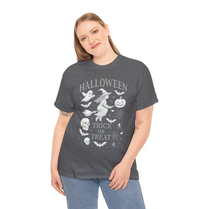 Halloween Witch Flying Broomstick T-Shirt, Trick or Treat Ghost Pumpkin Skull Spider Web Women's Tee
