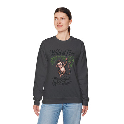 Wild & Free Monkey Sweatshirt, Messy Hair Wild Heart Womens Pullover, Cute Jungle Animal Sweater, Boho Adventure Graphic, Nature Lover Gift