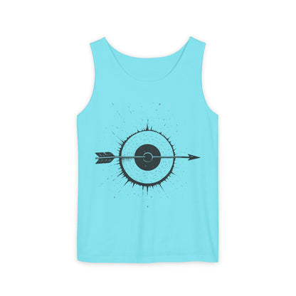 Mens Garment-Dyed Tank Top with Target Arrow Design, Casual Wear, Summer Essentials, Gym Wear, Gifts for Archery Lovers
