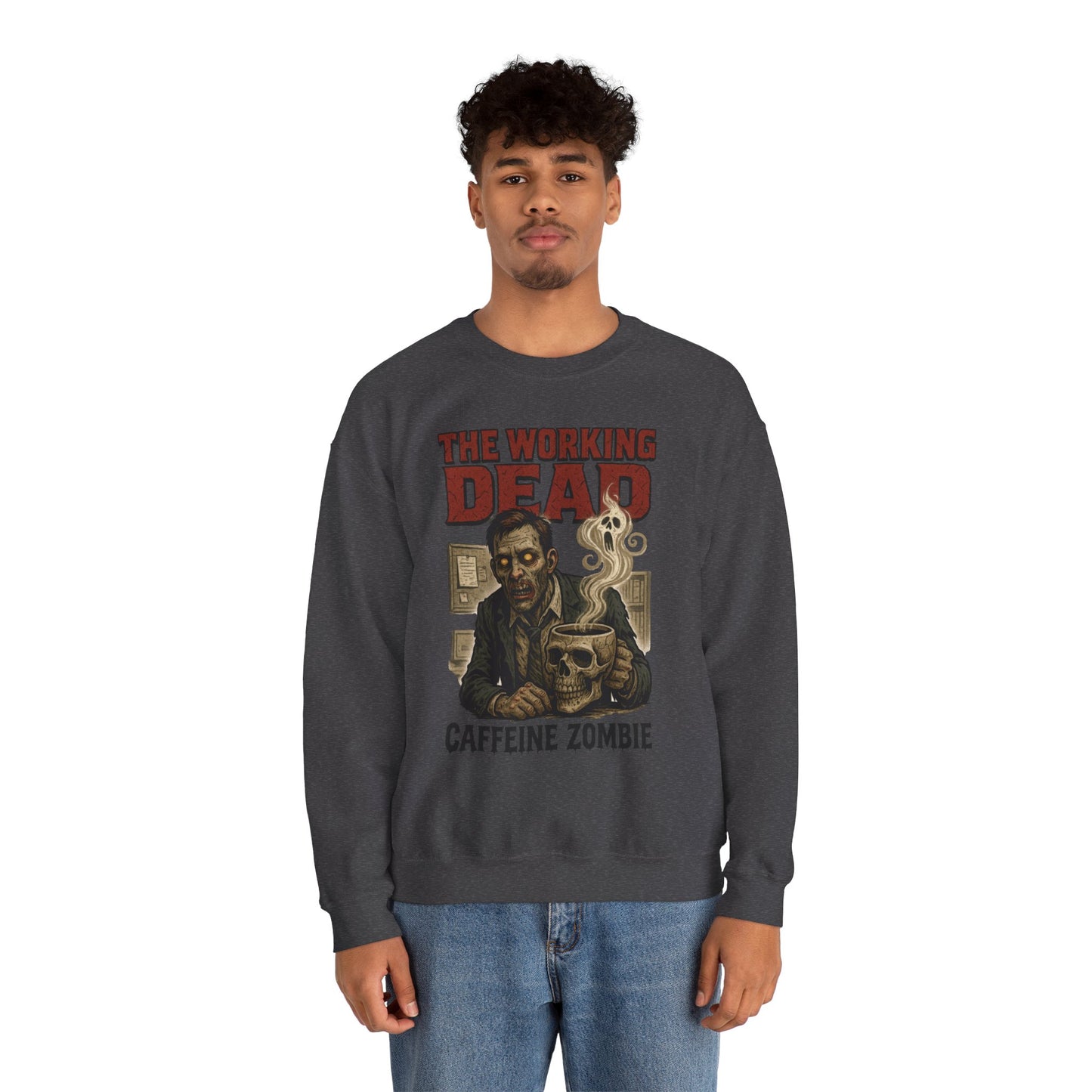 The Working Dead Men's Funny Zombie Sweatshirt, Office Humor Crewneck, Halloween Zombie Top, Coffee Zombie Sweatshirt