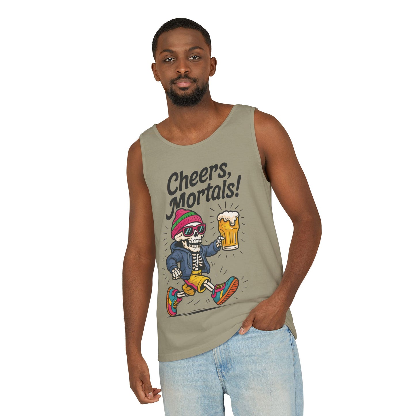 Cheers Mortals! Mens Tank Top, Funny Skeleton Beer Graphic Tee, Drinking Humor Shirt, Party Gift for Him, Halloween Tank,  Beer Lovers Gift