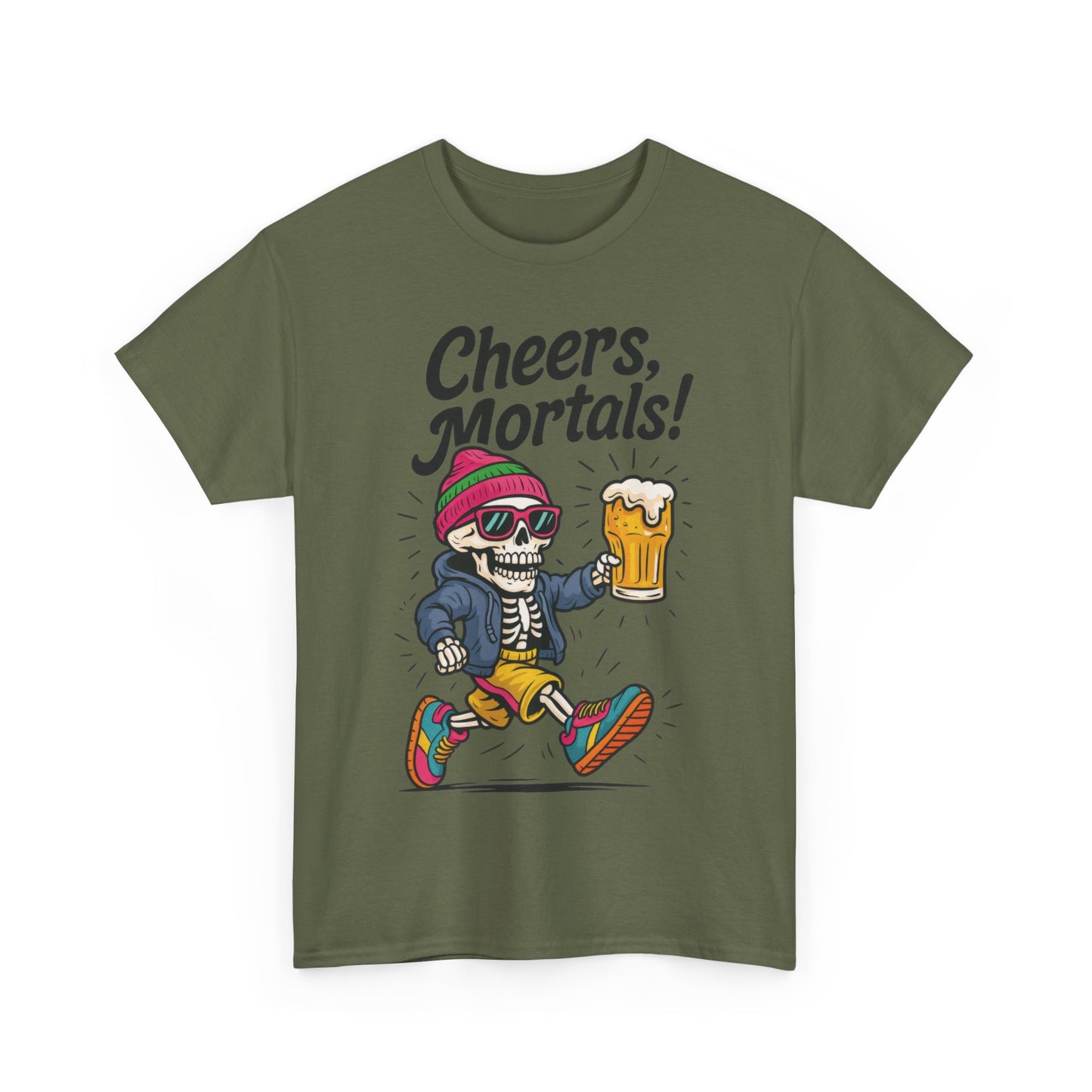 Cheers, Mortals! Mens Tee, Funny Skeleton Beer Graphic Tee, Cool Drinking Humor Shirt, Party Gift for Him, Halloween Tee,  Beer Lovers Gift