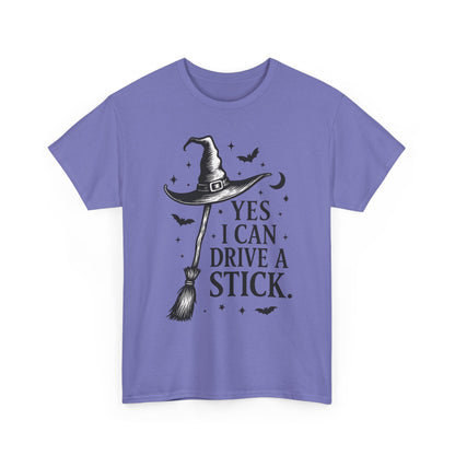 Yes I Can Drive a Stick Witch Hat Broom Halloween Women's T-Shirt, Funny Spooky Graphic Tee, Witch Shirt,