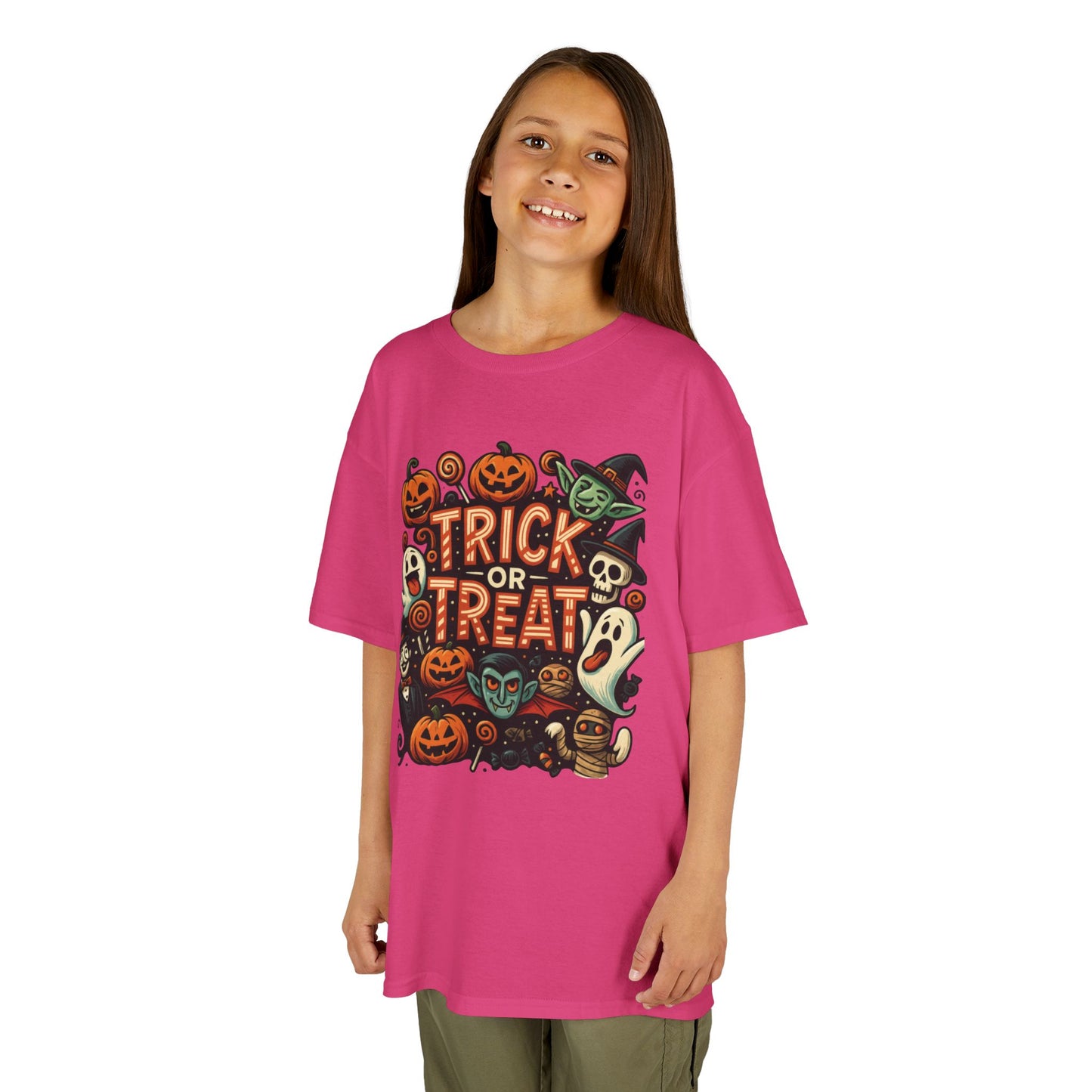 Kids Trick or Treat T-Shirt, Halloween Graphic Tee with Pumpkins, Ghosts & Vampires, Fun Spooky Shirt for Children