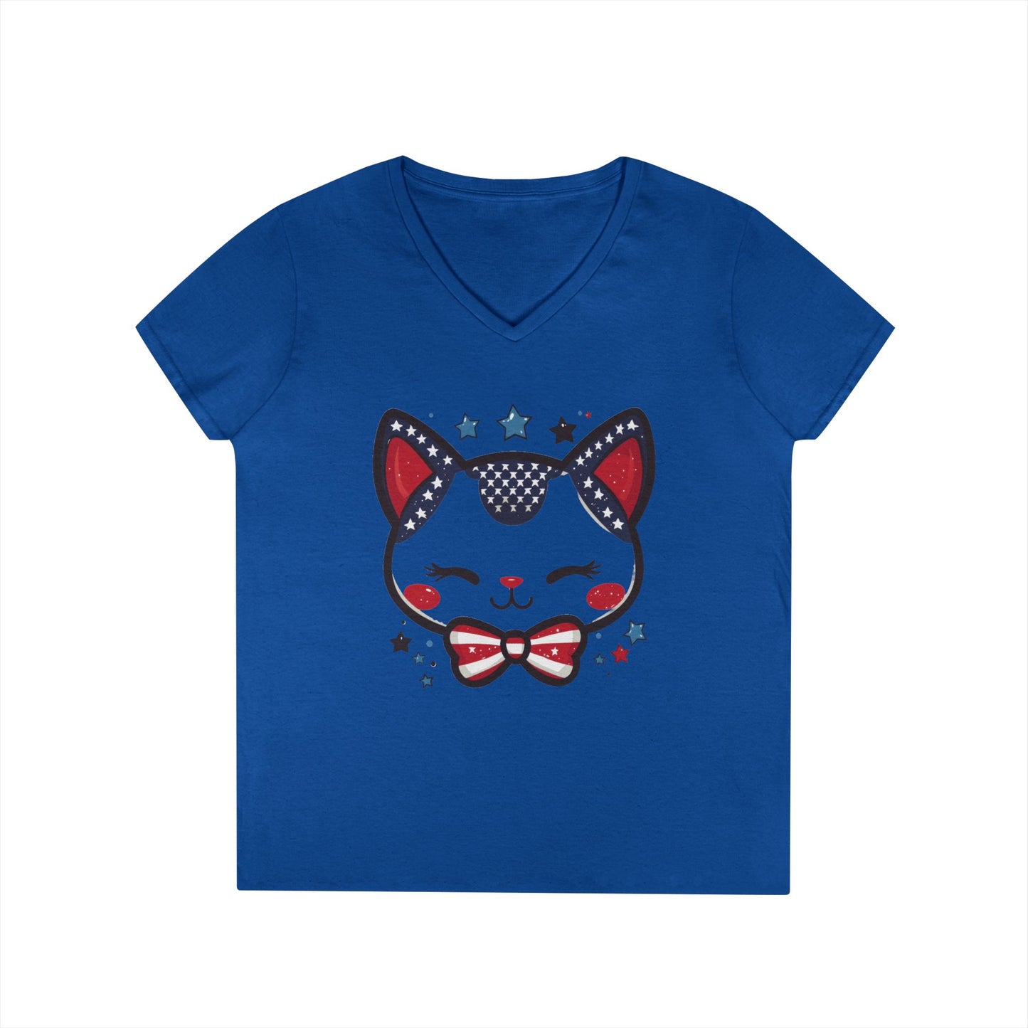 Cute Patriotic  V-Neck T-Shirt, Women's Graphic Tee, Perfect for Cat Lovers, Perfect for Holidays and Fourth of July Celebrations