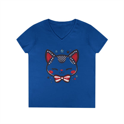 Cute Patriotic  V-Neck T-Shirt, Women's Graphic Tee, Perfect for Cat Lovers, Perfect for Holidays and Fourth of July Celebrations