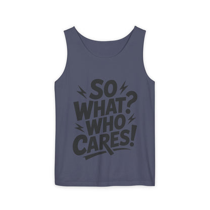 Mens Tank Top, "So What? Who Cares!", Casual Summer Wear, Beach Trip, Festival Outfit, Lightning Print, Sarcastic Summer Tee, Gym Tank